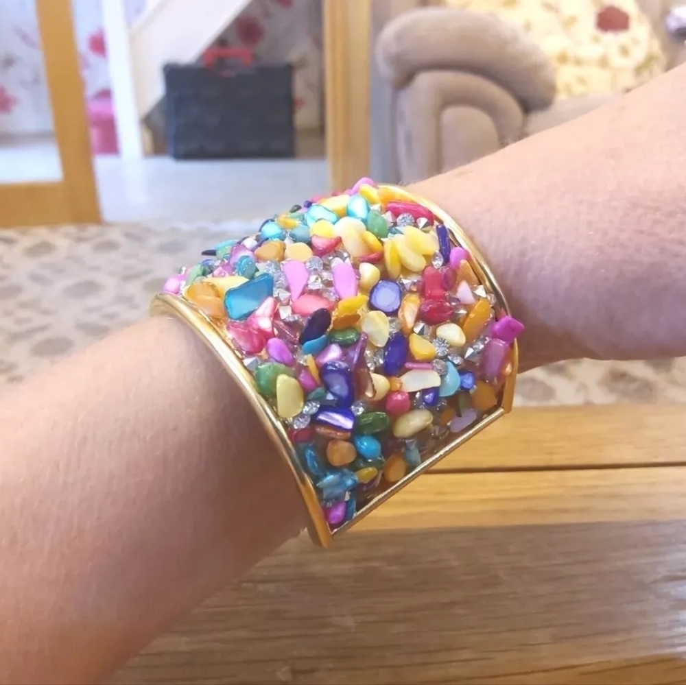 New Gold Tone Cuff Bangle Smothered In Multicoloured Tiny Stones!
